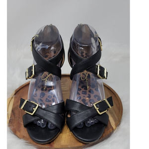 Jessica Simpson Eugenia Black Leather Gold Buckle Open Toe Heels Sandals 8B
